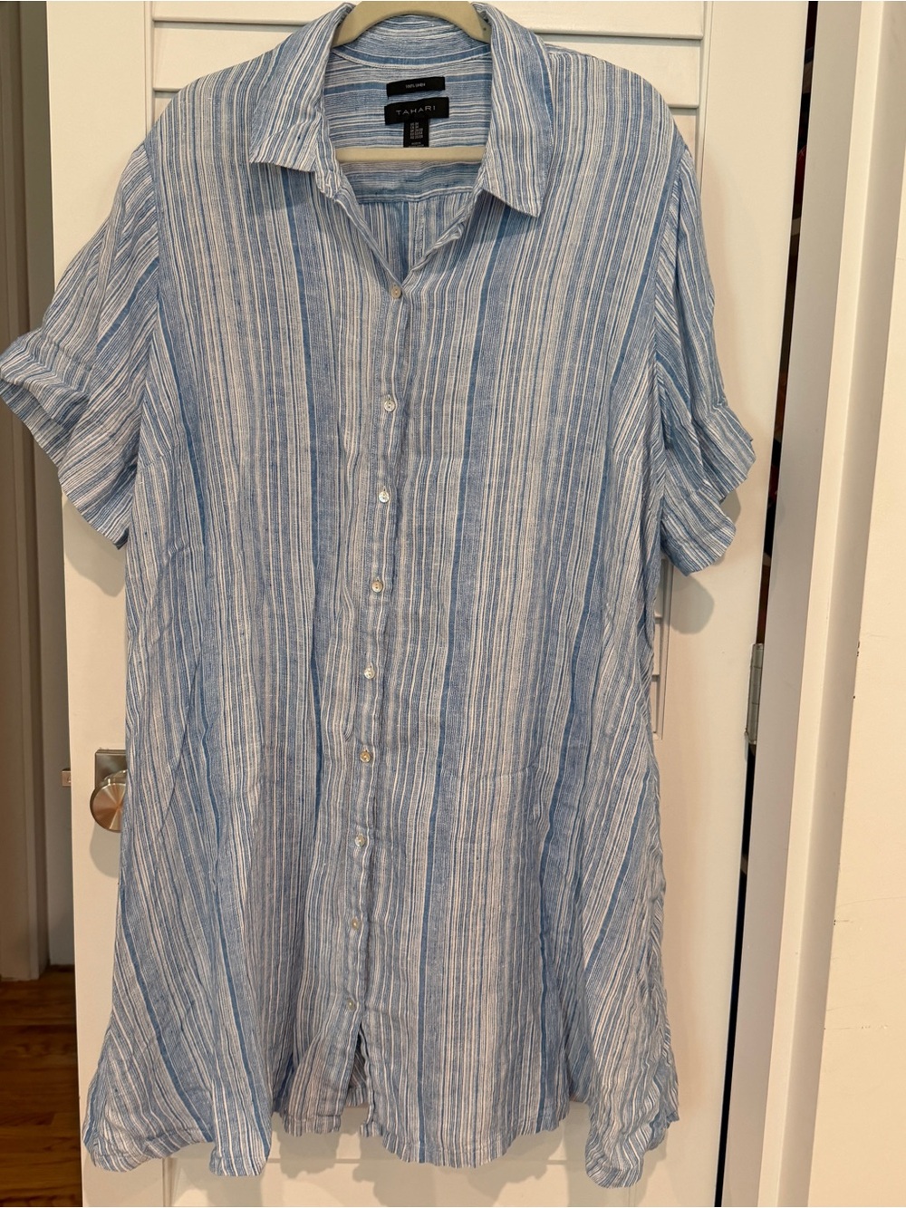 Tahari Striped Linen Shirtdress Sz 3X Coastal Grandma Coverup Dress Blue Preppy